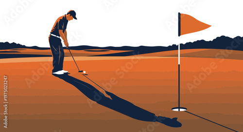 Golfer Concentrates on a Difficult Putt Near the Hole During Sunset