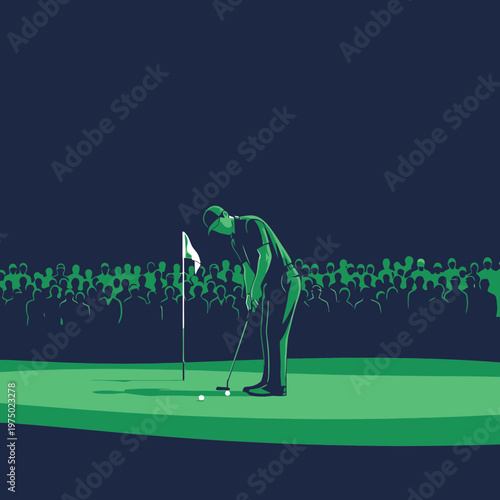 Golfer Concentrates on Critical Putt Amidst A Cheering Crowd Silhouette