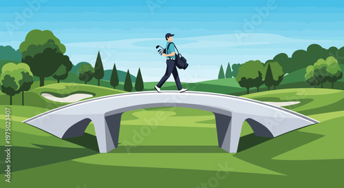 Golfer Crossing Bridge On Lush Golf Course Landscape Scene