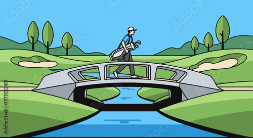Golfer Crossing Bridge Over Water on Scenic Course