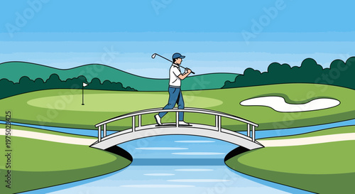 Golfer Crossing Scenic Bridge Over Water On Lush Golf Course Landscape