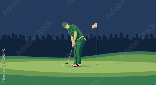 Golfer Focus Precision Putt On Green With Crowd Silhouettes Watching