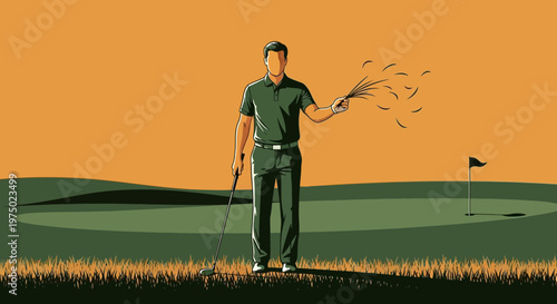 Golfer Holds Grass Tufts On Sunny Golf Course With Flag