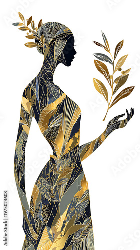 Silhouette of a woman adorned with intricate floral patterns, holding a delicate branch, showcasing elegance and nature-inspired design in a stunning illustration