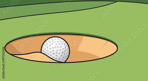 Golf Ball Resting On Sand In A Bunker Just Off The Green