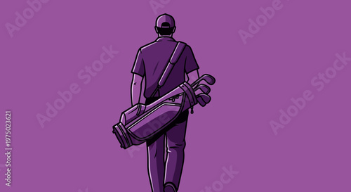 Golf Player Carrying Bag On Purple Background