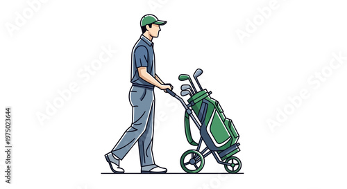 Golfer Pushing A Cart With Clubs On The Green
