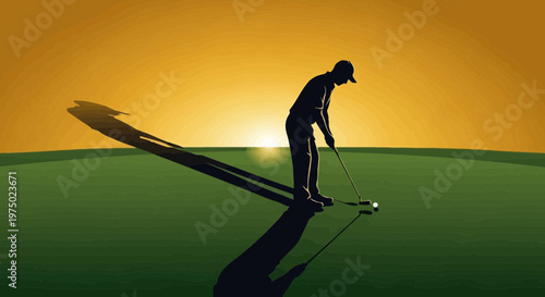 Golfer Silhouette At Sunset With Dramatic Shadow