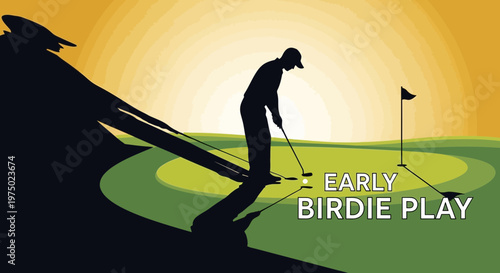 Golfer Silhouette At Sunrise Practicing Shots Minimalist Style Illustration