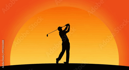 Golfer Silhouette Swinging Club During Vibrant Sunset Orange Sky Backdrop