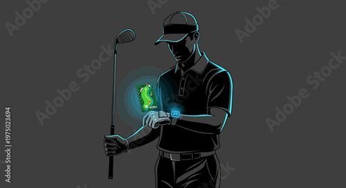 Golfer Strategizing with Futuristic Smartwatch Displaying Course Layout