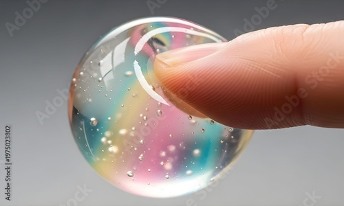 Realistic Squishy Rainbow Water Ball - Macro Shot of Finger Pressing Clear Liquid Stress Toy