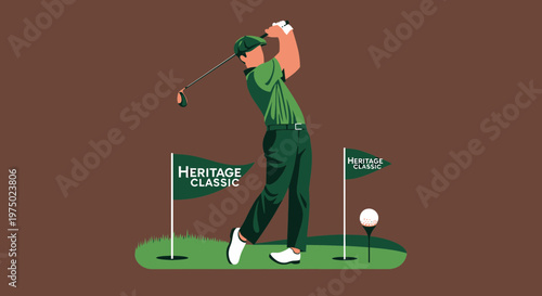 Golfer Swinging Club On Green Course With Classic Flags