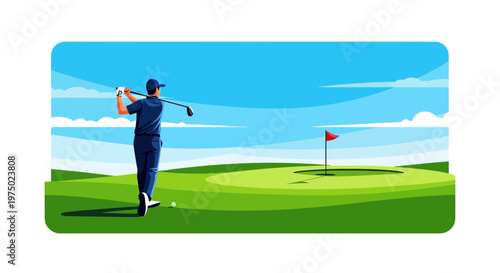 Golfer Swinging On A Sunny Day With Green Fairway And Blue Sky