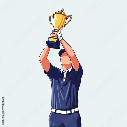 Golfer Celebrates Victory Holding Golden Trophy High Above Head