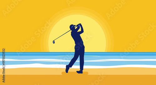 Golfer Swings Club Silhouetted Against Bright Beach Sunset Horizon