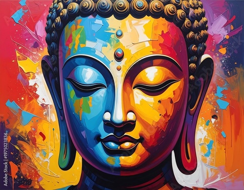 A vibrant, colorful artistic rendering of a serene figure, with closed eyes, displaying a mosaic of bright hues and abstract splashes