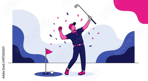Golfer Celebrates Victory With Arms Raised and Confetti Showering Down