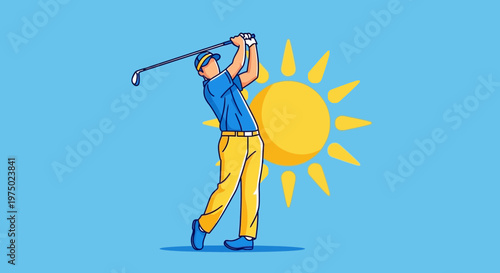 Golfer Swings Club Under Bright Sunny Sky During Summertime Outdoor Activity