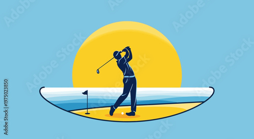 Golfer Swings Club Underneath Golden Sun on Tropical Beach Landscape