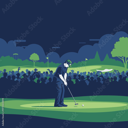 Golfer Concentrates During Dusk Championship Round Amidst Spectator Cheers