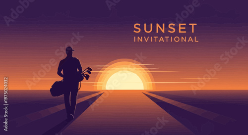 Golfer Walks Into Fiery Sunset Over Golf Course Fairway