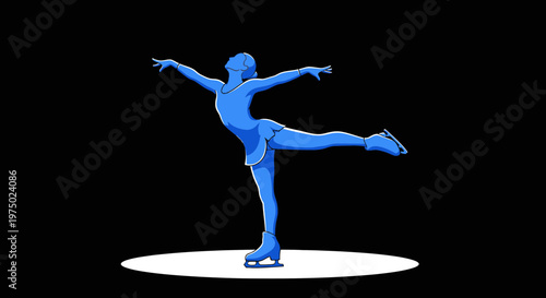 Graceful Blue Figure Skater Performing Elegant Pirouette On Black Ice