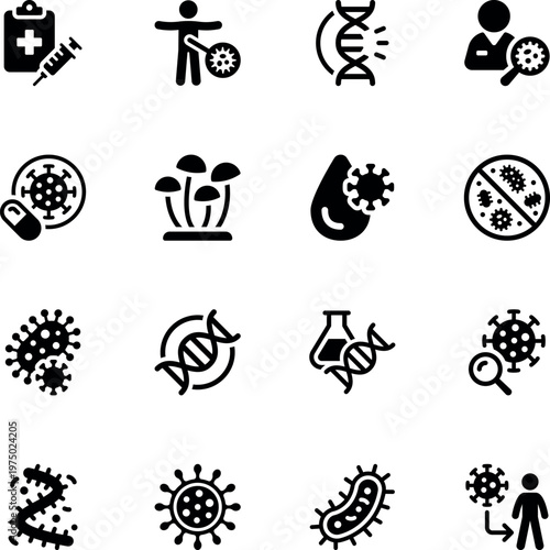 Virus and bacteria infection icon set, virus, bacteria, DNA, fungus, syringe, pill, blood, flask, microscope, patient