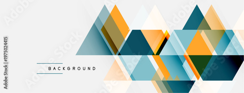 Abstract geometric pattern. Overlapping triangles create modern design. Blue, orange hues dominate neutral backdrop. Minimalist style.