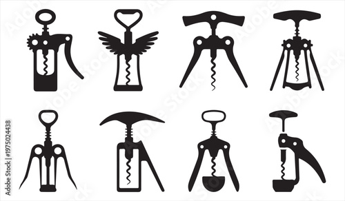 Wine opener corkscrew icons set with manual and lever tools for bar and kitchen use