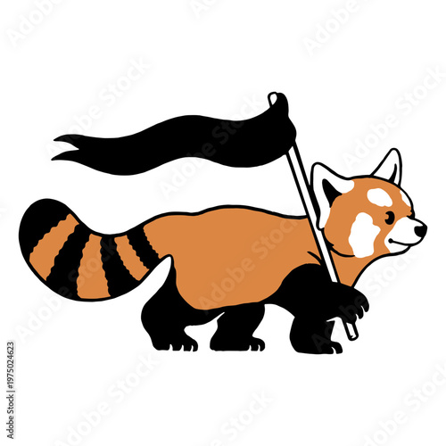 Red panda walking with black flag