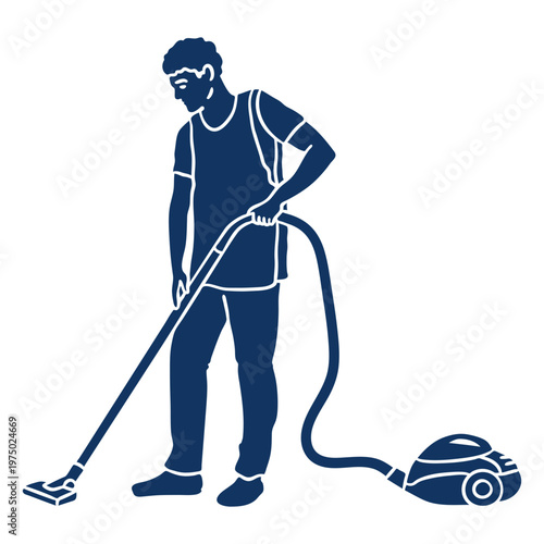 Silhouette of a man cleaning with a vacuum cleaner