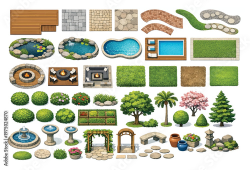 Landscape garden design map elements set with pools, fountains, fire pits, stone paths, and variety of trees and shrubs for backyard planning isolated on white background.