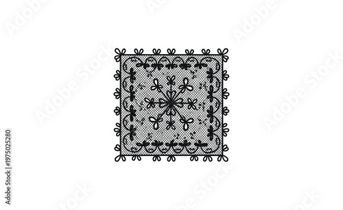A black and white illustration of an intricate lace design on a square piece of fabric