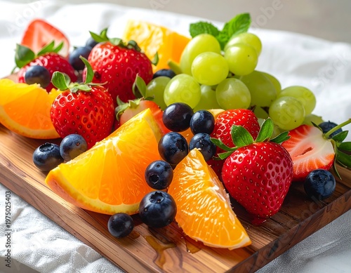 A vibrant, close-up photograph showcasing an assortment of fresh fruits artfully arranged on a wooden board