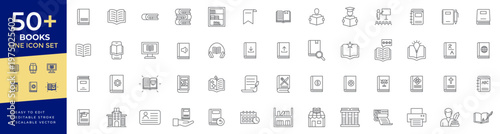 Books line icon set including textbooks, library shelves, notebooks, reading materials, and literature symbols for education, learning, and study themed projects.