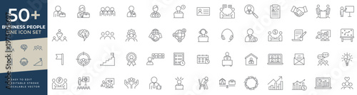 Business people line icon set featuring corporate leadership, team collaboration, human resources, office management, meetings, and professional interaction symbols for workplace concepts.