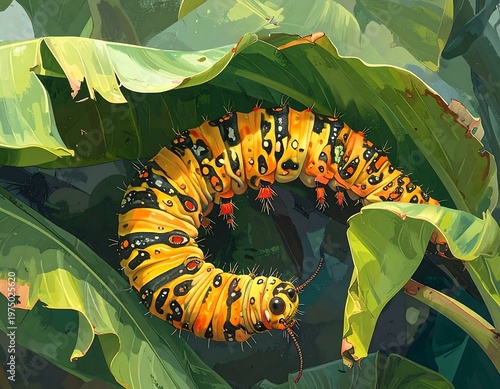 A vibrant, colorful caterpillar with patterned bands, nestled amongst lush, green foliage with tears, displaying its beauty