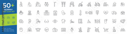 Elderly line icon set featuring senior healthcare, nursing home, geriatric mobility aids, retired life, medical assistance, aging care, and wellness symbols for elder support and family services.