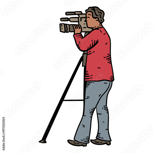 Man holding a video camera on a tripod
