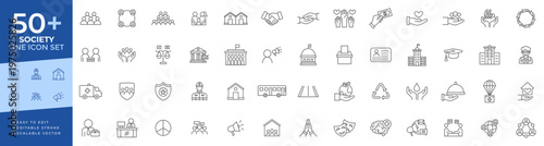 Social line icon set illustrating education, healthcare, environmental advocacy, human rights, charity, and community support symbols for social impact projects.