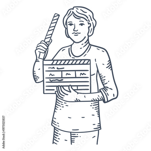 Black and white drawing of a woman holding a clapper board