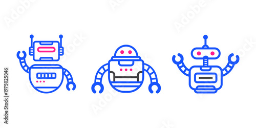 Modern line vector set of cute robots with blue outlines and pink accents, featuring different designs and poses. Minimalist tech icons perfect for AI, automation, and digital themes.
