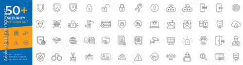 Security line icon set featuring digital safety symbols, data protection, padlocks, fingerprints, surveillance cameras, and firewall icons for cybersecurity and access control concepts.