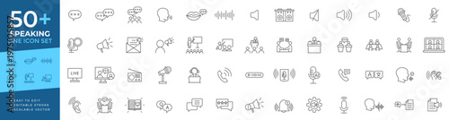 Speaking line icon set featuring public communication symbols, including microphones, megaphones, dialogue bubbles, podcasting, and voice commands for media and audio concepts.