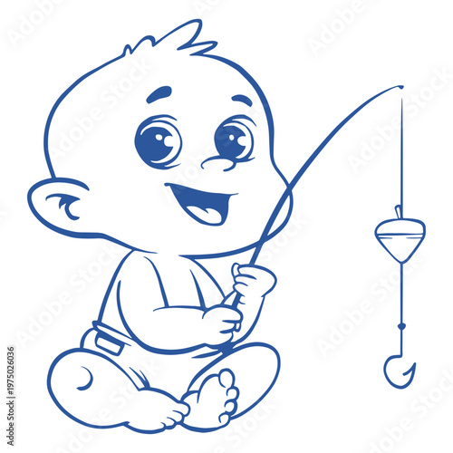 Blue drawing of a baby boy fishing