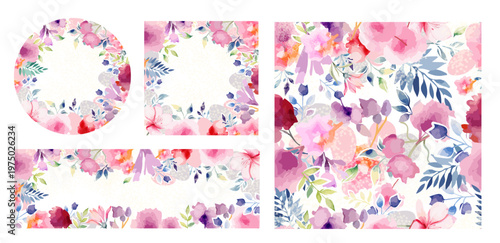 A set of beautiful frames made of watercolor pink flowers. Hand drawn. Not AI, vector illustration