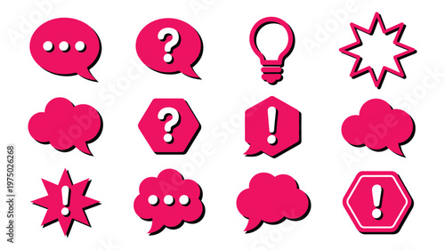 Speech bubbles communication icon vector set, chat, dialogue, discussion, and message symbols with idea, question, answer, information, alert, and warning icons for UI design