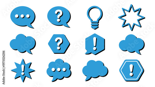 Speech bubbles communication icon vector set, chat, dialogue, discussion, and message symbols with idea, question, answer, information, alert, and warning icons for UI design