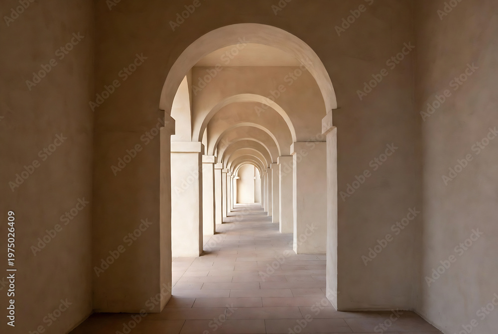 Fototapeta premium A long, arched corridor with pillars leads into the distance.